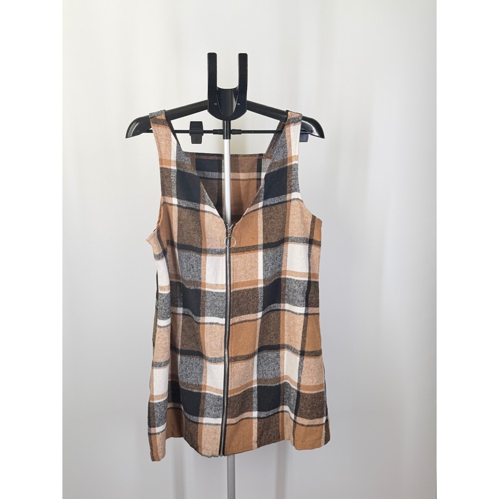 SHEIN Plaid Zip Front Jumper Mini Dress Brown Tan Black XL